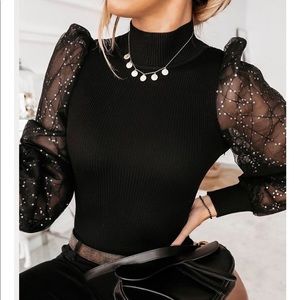 Black Sequin Mesh sleeve Ribbed top